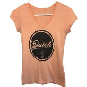 Dutch Bros VINTAGE Peach V-Neck Neck SMALL Tee DB 1992 Peace Sign